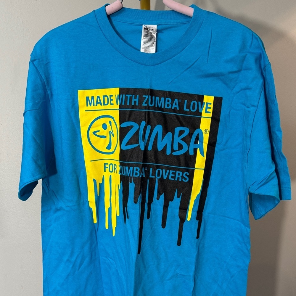 Zumba Fitness unisex Blue Tee with Yellow & Black Drip Logo EUC L